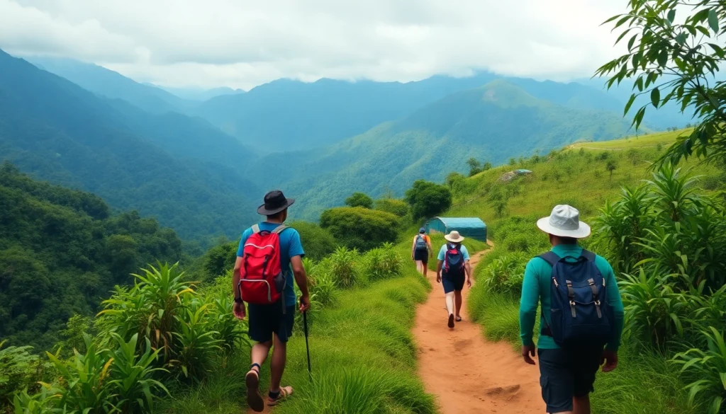Hiking in Indonesia: A group of hikers trekking through tropical mountain scenery, surrounded by dense jungle greenery.