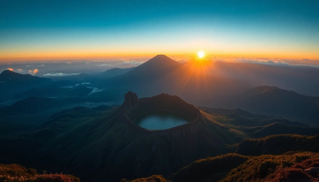 Majestic Mount Rinjani's rugged peak rises above the clouds, highlighting its volcanic landscape and surrounding greenery.