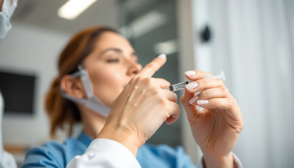 Fettwegspritze Zürich: Medical technician performs injection for targeted fat reduction in a sterile clinic environment.