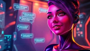 A futuristic AI chat scene with a seductive virtual character and immersive digital environment.