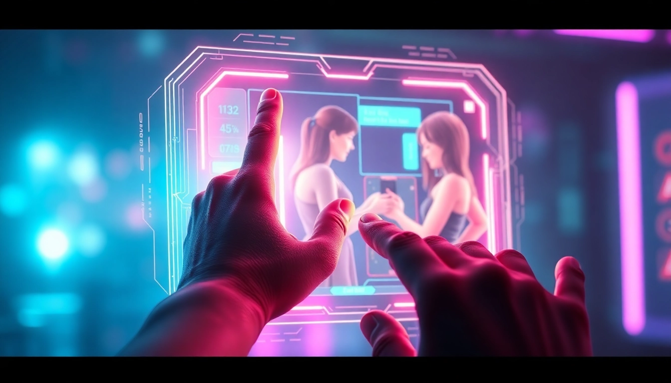Futuristic scene of human hand interacting with a holographic AI interface displaying an immersive virtual girlfriend experience.