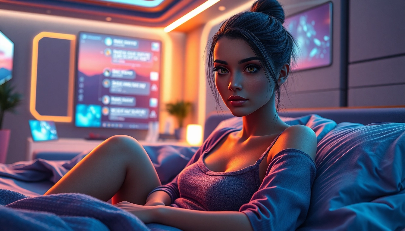 Realistic AI girlfriend in a cozy, high-tech bedroom scene at dusk, with warm lighting and detailed textures.