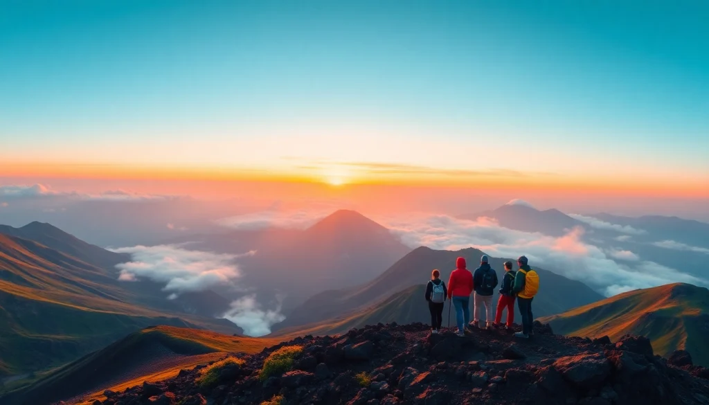 A scenic sunrise view of Mount Rinjani with trekkers on the crater rim, showcasing rugged terrain and vibrant sky colors.