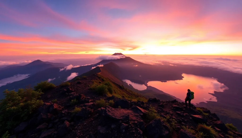 Hikers overlooking Mount Rinjani's crater lake at sunrise with vibrant colors and lush scenery.
