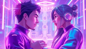Futuristic scene of AI characters interacting in a neon-lit virtual environment, emphasizing emotion and connection.
