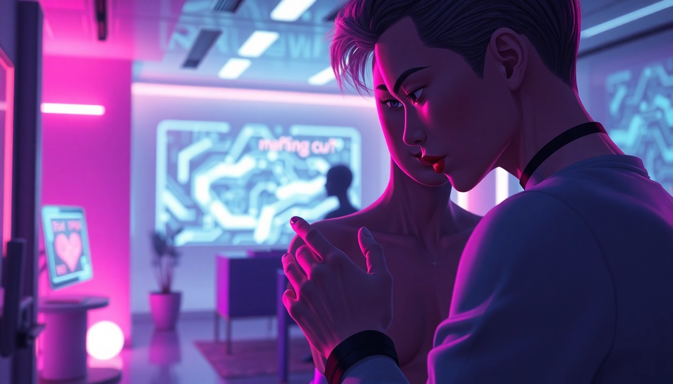 Futuristic digital scene of an AI character engaging in an immersive roleplay in a high-tech setting with ambient lighting and detailed textures.
