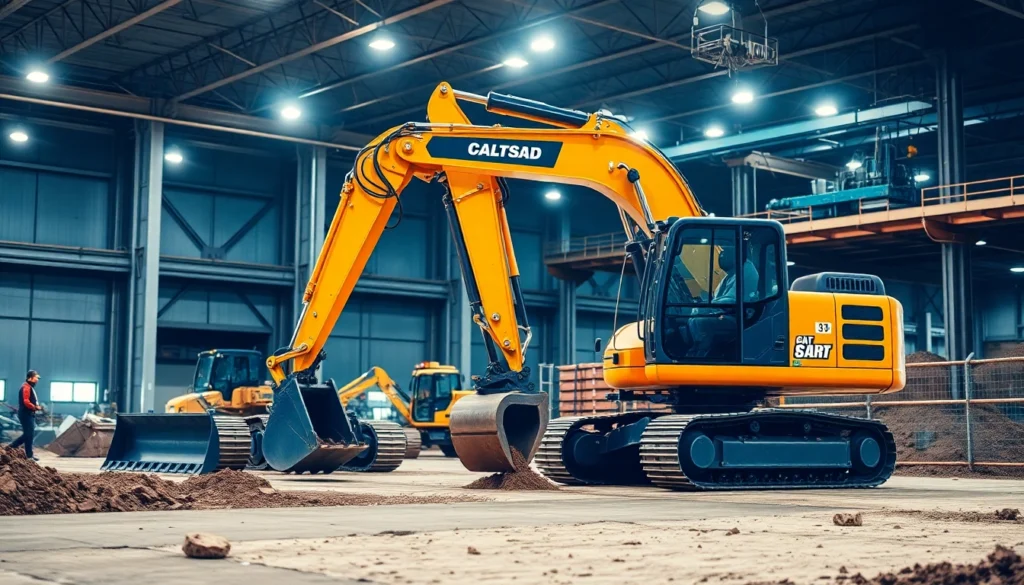 Excavator rental service with a heavy-duty excavator working on a construction site, highlighting efficiency and modern equipment.