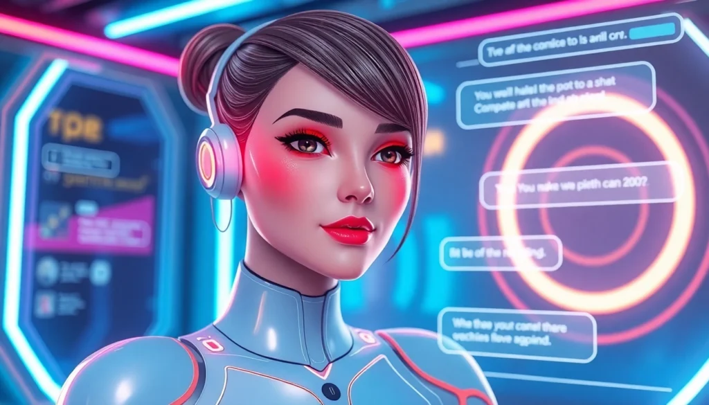 AI girlfriend app illustration showing a digital chat interface with vibrant neon accents and a friendly virtual partner, emphasizing modern AI companionship.