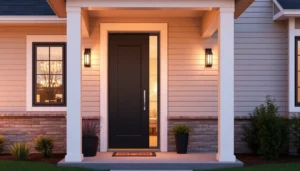 Front door replacement showcases a modern entry with premium hardware, warm lighting.