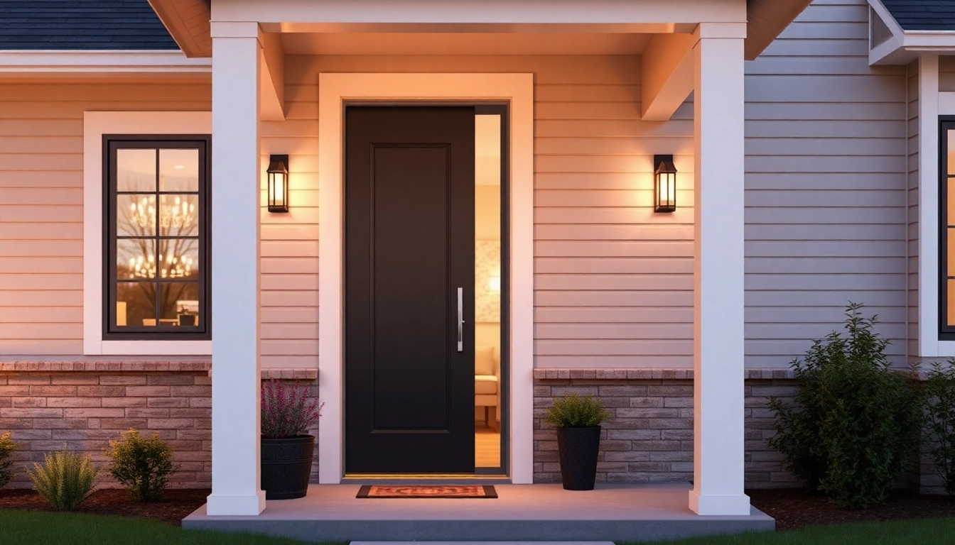 Front door replacement showcases a modern entry with premium hardware, warm lighting.