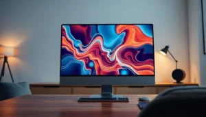 A modern workspace with a computer monitor displaying detailed NSFW AI visuals, ambient lighting, and sleek textures.