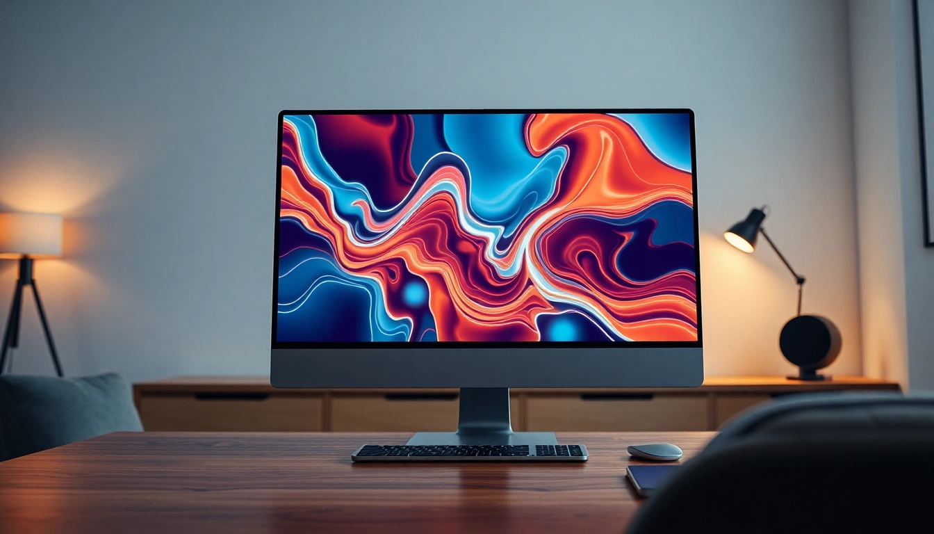A modern workspace with a computer monitor displaying detailed NSFW AI visuals, ambient lighting, and sleek textures.