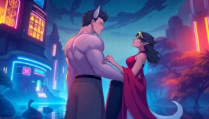 Illustration of two anthropomorphic characters in a futuristic cityscape, representing Omegaverse themes with neon lighting and dynamic composition.