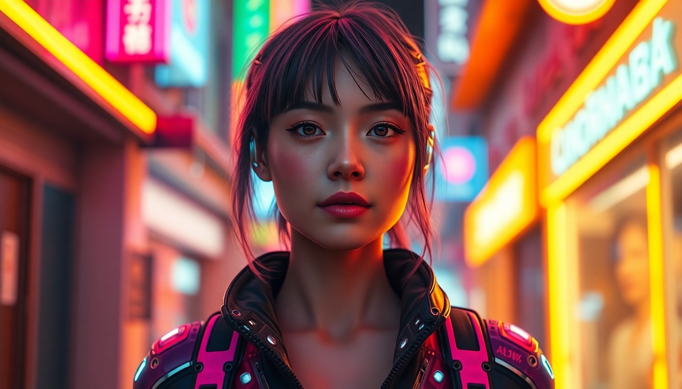 Shows a dynamic AI Porn Generator avatar in neon noir style with photorealistic detail.