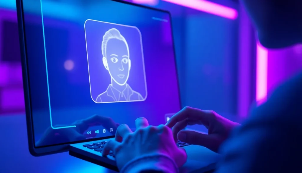 Close-up of a user interacting with a holographic AI chatbot on a futuristic screen, emphasizing technology and intimacy.