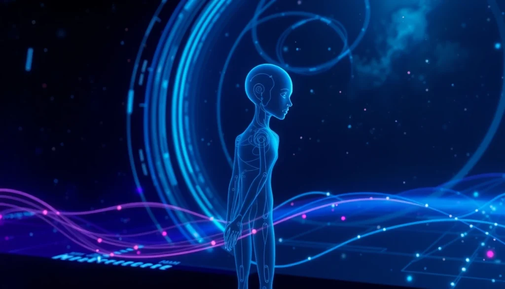 Futuristic AI character interacting with a cosmic digital interface in space-themed setting.