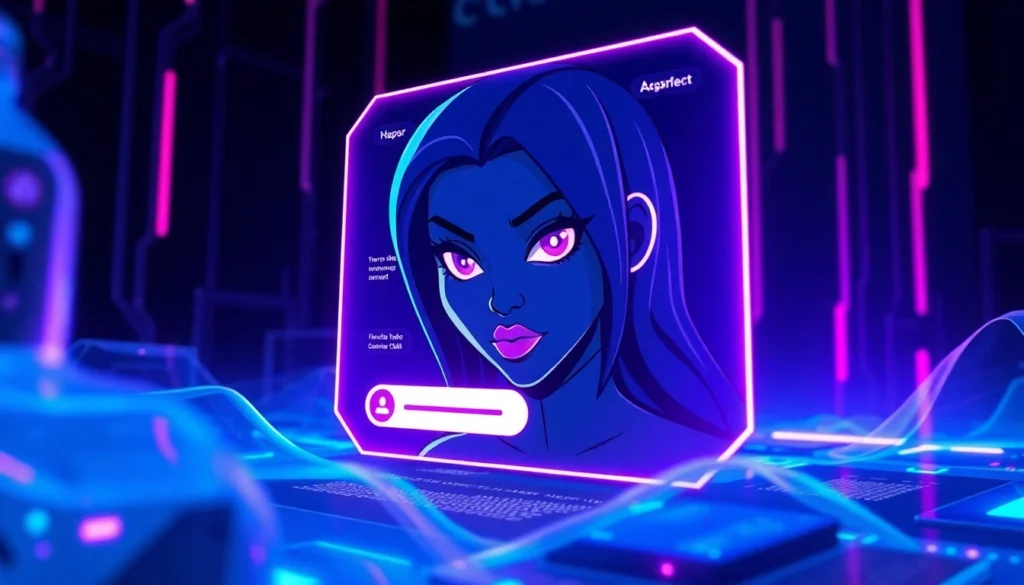 Futuristic AI chat interface with an alluring female character and neon-lit digital environment.