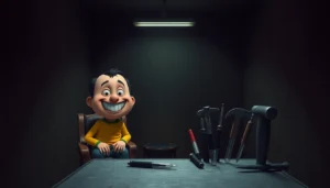 A disturbing scene of Harvey, a cheerful character, in a dark room with unsettling tools, capturing the horror and moral dilemma of the game.