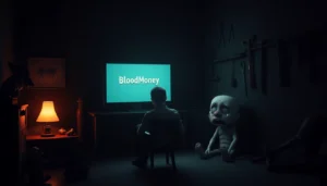 A haunting scene with a distressed Harvey character and a player in a dark room, reflecting the psychological horror of BloodMoney.