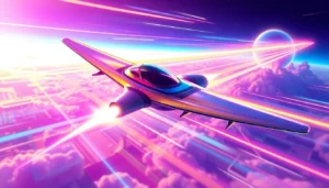 Engaging scene of aviator game online with a plane flying amid high-speed digital graphics, emphasizing adventure and strategy for players.