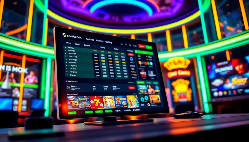Digital sportsbook and casino interface with vibrant colors and glowing accents.