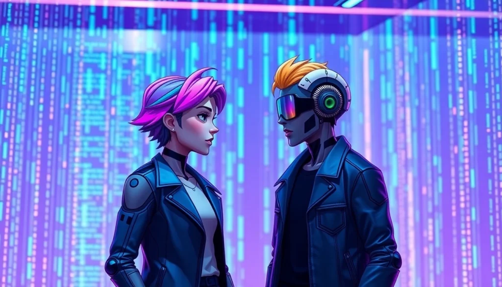 Futuristic digital scene of two AI characters interacting within a glowing data interface, emphasizing connection and advanced technology.