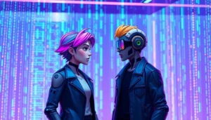Futuristic digital scene of two AI characters interacting within a glowing data interface, emphasizing connection and advanced technology.