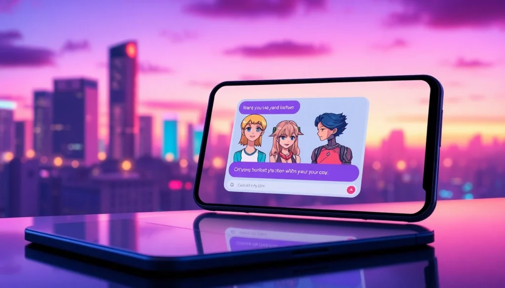 Futuristic digital chat interface featuring diverse AI characters, including a femboy avatar, with neon cityscape background at dusk.
