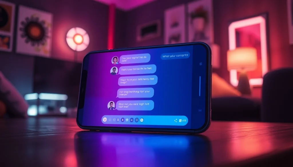 Futuristic chat interface on a mobile device with neon lighting and a cyberpunk aesthetic.