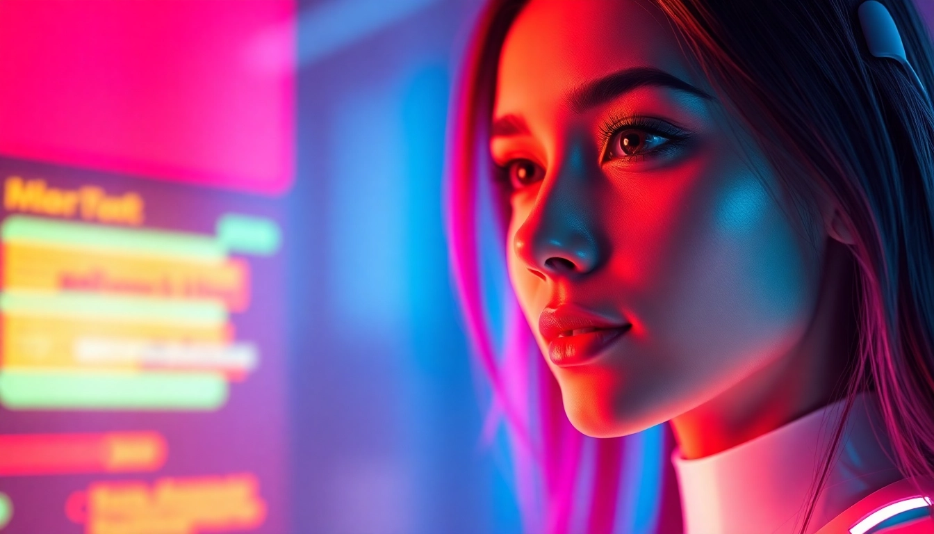 AI girlfriend engaging in a personalized conversation via sleek digital interface, illustrating intimacy and advanced AI interaction for users.