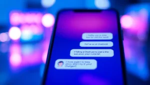 Close-up of a smartphone screen showing a text conversation with a customizable AI character, glowing with blue and pink hues, creating an intimate and high-tech atmosphere.
