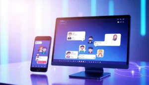 Futuristic digital chat interface with colorful AI characters on screens, neon glow, and high-tech environment.