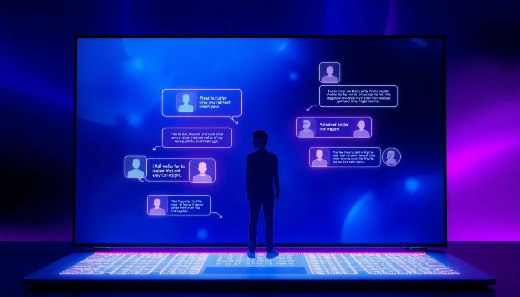 A futuristic digital chatbot interface with holographic text and icons in a cyberpunk-themed setting.