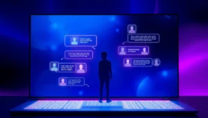 A futuristic digital chatbot interface with holographic text and icons in a cyberpunk-themed setting.