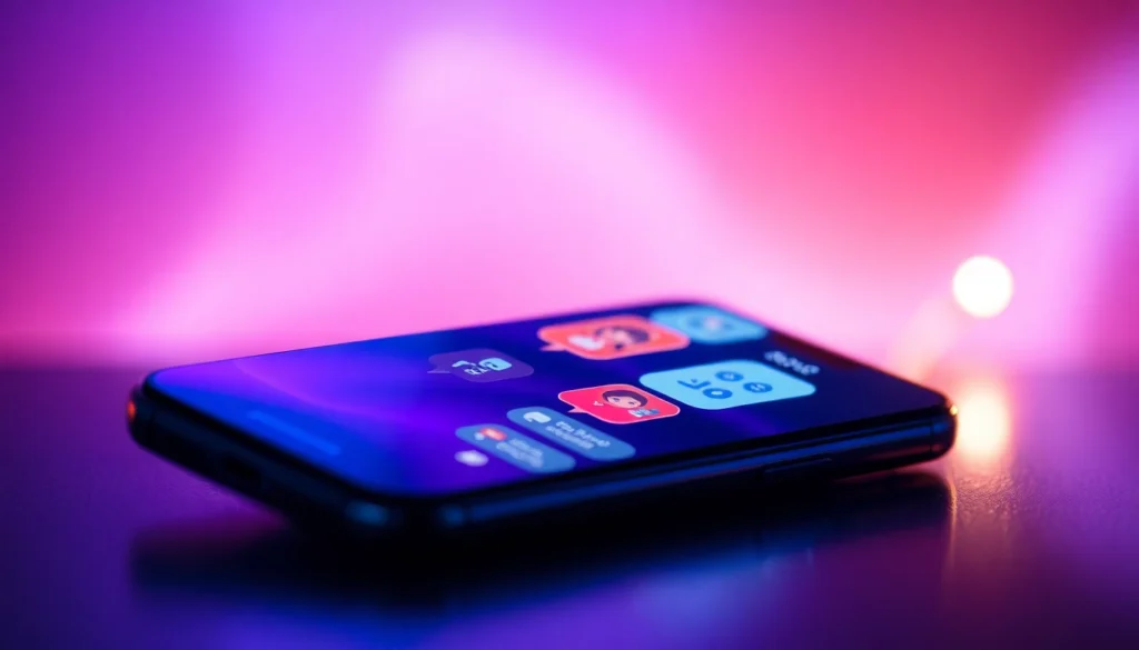 A futuristic smartphone screen displaying colorful AI chat bubbles in a sleek, modern setting.