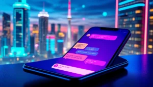 A futuristic smartphone displaying a lively, neon-lit chatbot conversation with vibrant colors and digital cityscape background.