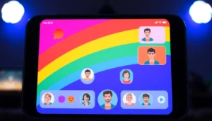 Engaging gay chat platform with user avatars and colorful interface fostering online