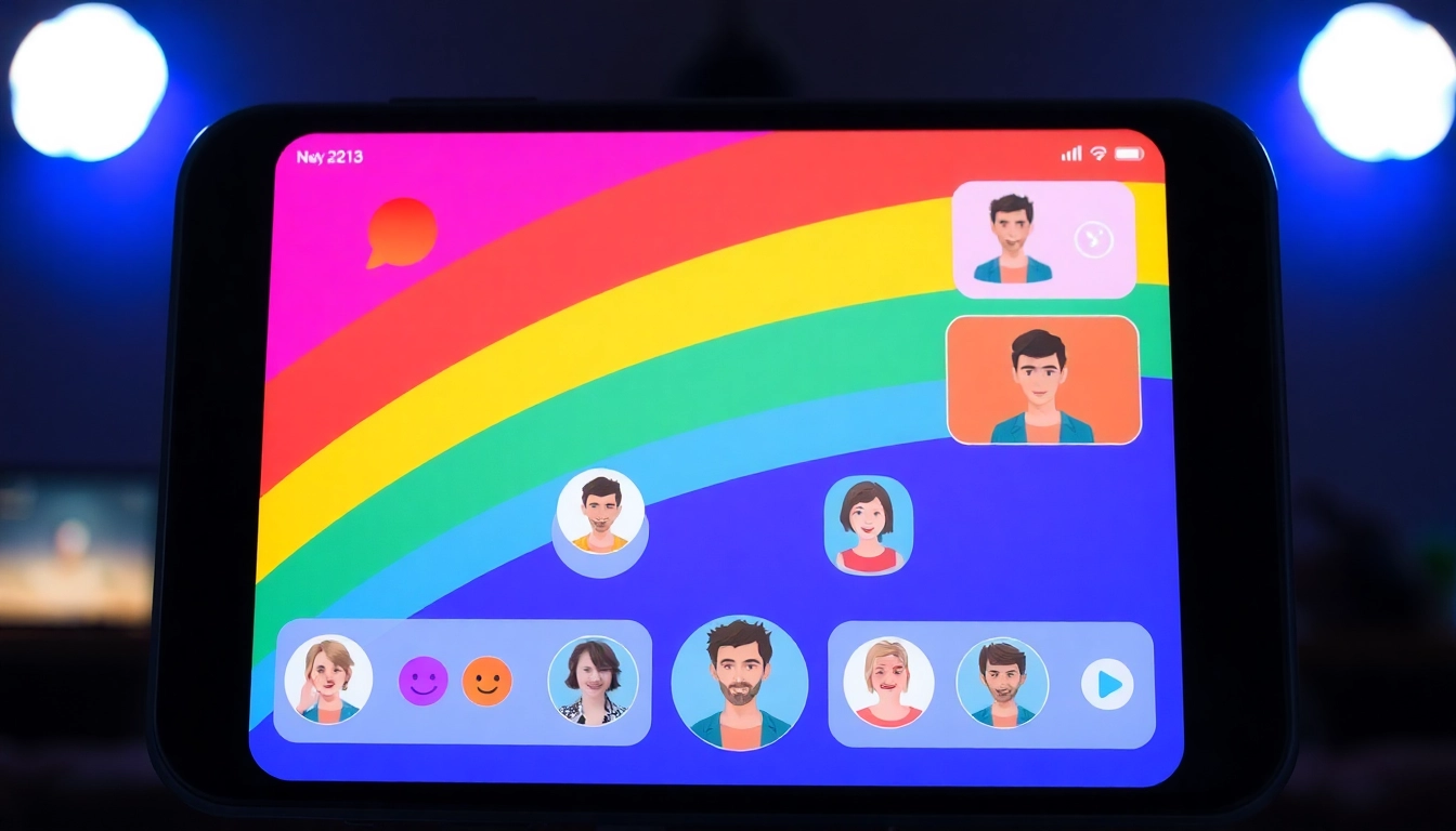 Engaging gay chat platform with user avatars and colorful interface fostering online