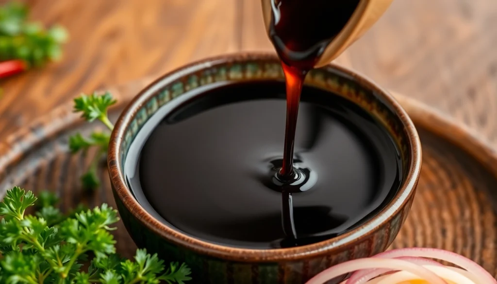 Dark soy sauce pouring into a bowl with fresh ingredients for cooking enhancement