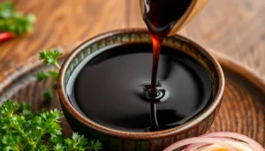 Dark soy sauce pouring into a bowl with fresh ingredients for cooking enhancement